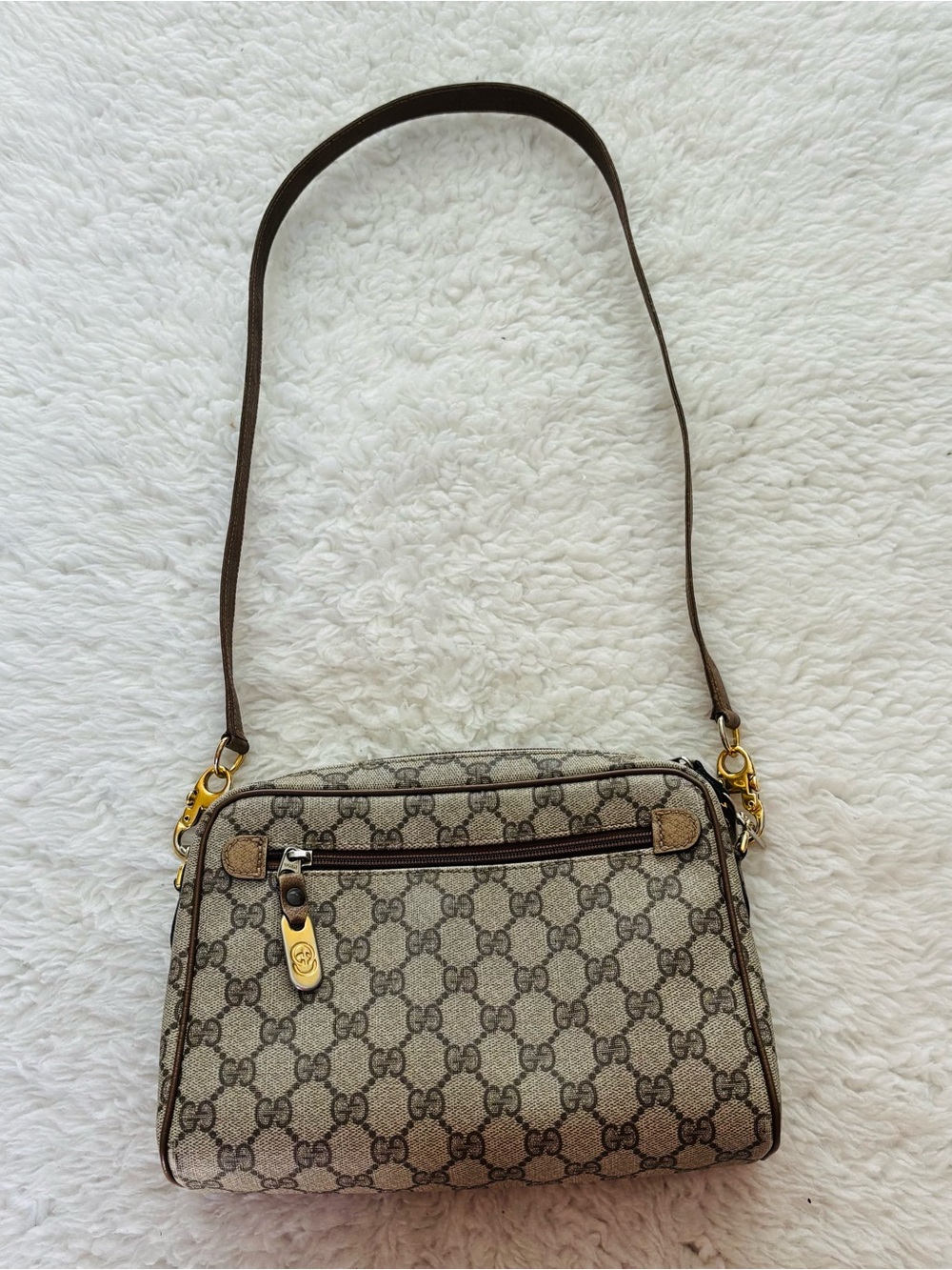 Gucci Vintage Sherry Line PVC GG Logo Brown/Beige Leather Small Shoulder Bag - Picture 13 of 16